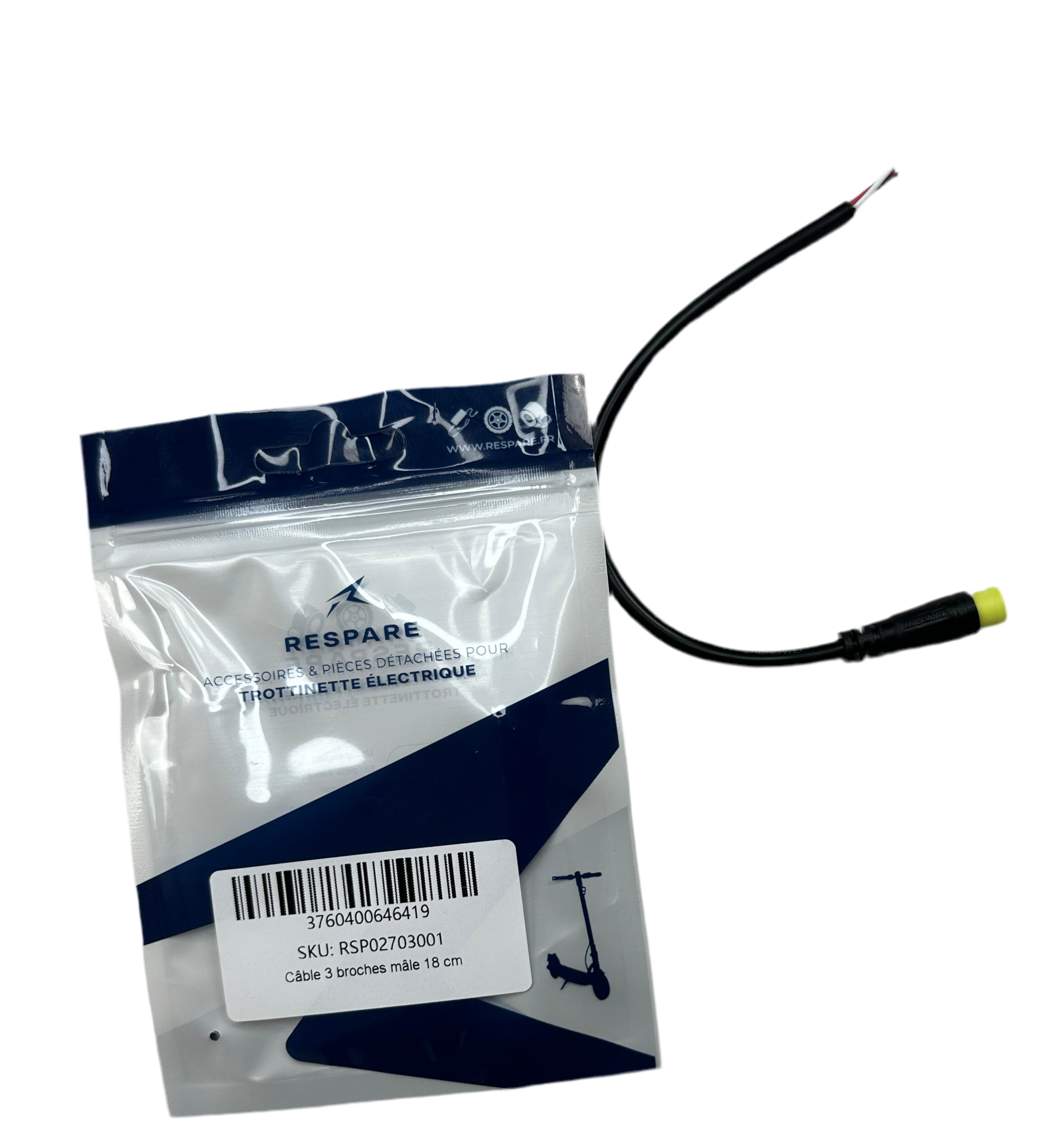 Câble 3 broches mâle 18 cm